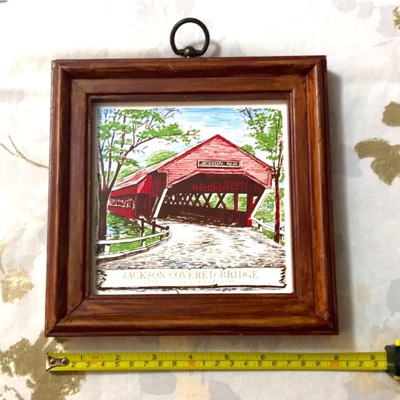 Vintage Porcelain Covered Bridge Tile/Trivet with Wood Frame - Picture 1 of 3